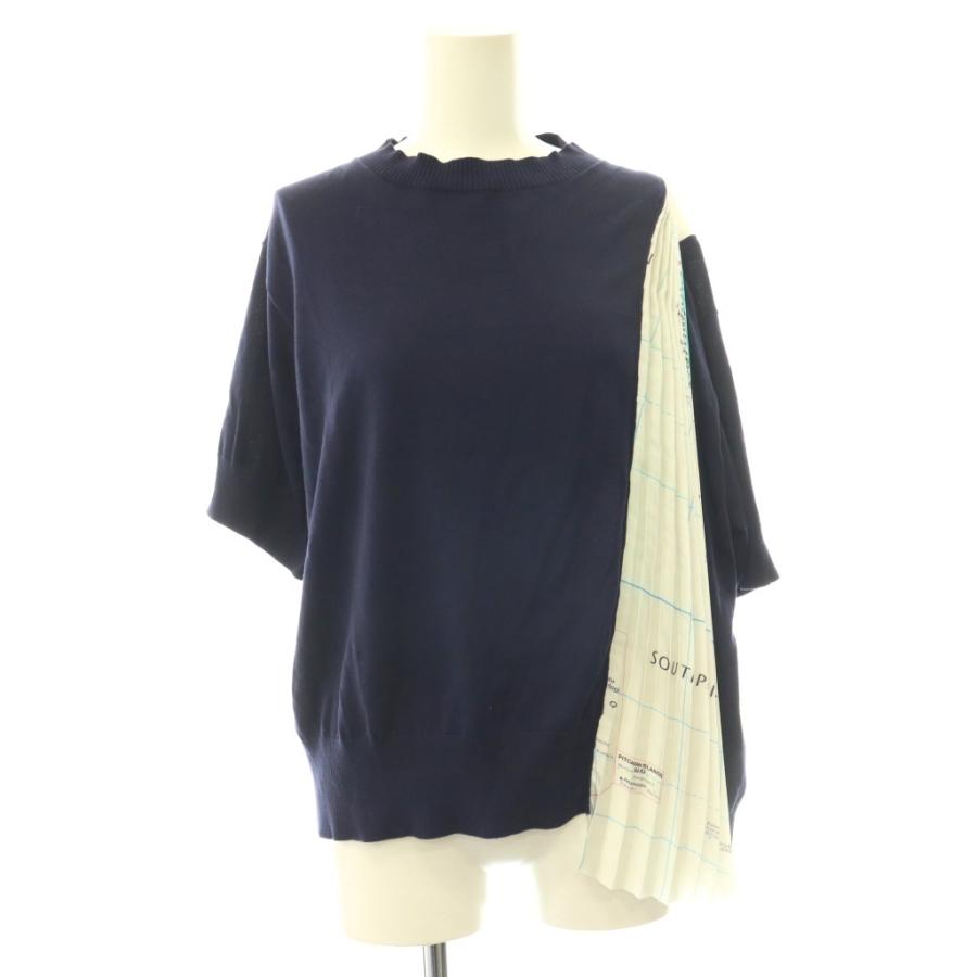 サカイ sacai WORLD MAP PULLOVER プルオーバー ニット 切替 プリーツ 半袖 2 紺 ネイビー 20-04995 ...