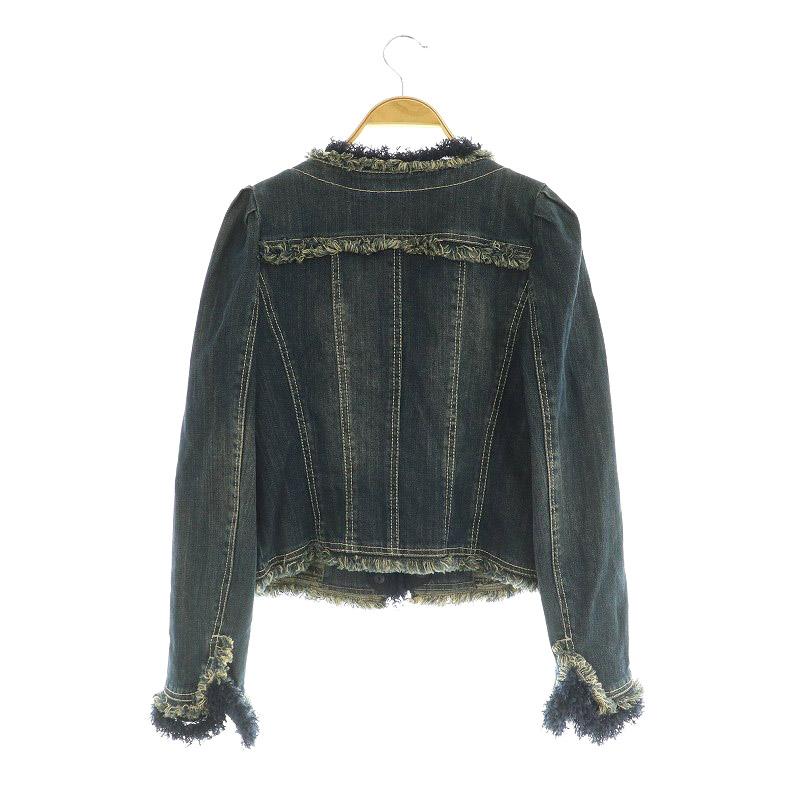 TO BE CHICノーカラーデニムジャケット フリンジ ビーズ装飾 XLサイズ トゥービーシック TO BE CHIC デニムジャケット ノーカラー