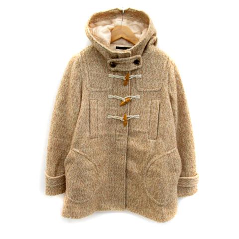 中古 ヘザー Heather ダッフルコート フード付き ミドル丈 総柄 ジップアップ ウール混 M ベージュ アイボリー Sy6 レディース 宅送
