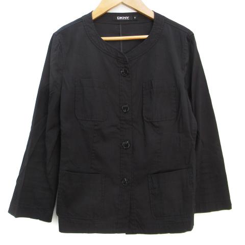 中古 ダナキャランニューヨーク Dkny ノーカラージャケット 薄手 ミドル丈 スタンドカラー シングルボタン リネン 6 黒 Ff18 レディース 正規品送料無料