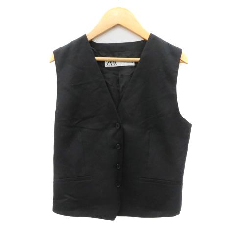 ZARA ザラ ベスト ジレ ミドル丈 前開き 麻 リネン混 XS 黒