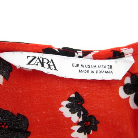 ZARA（ザラ） ワンピース ロング丈 マキシ丈 長袖 Vネック 花柄 M 赤