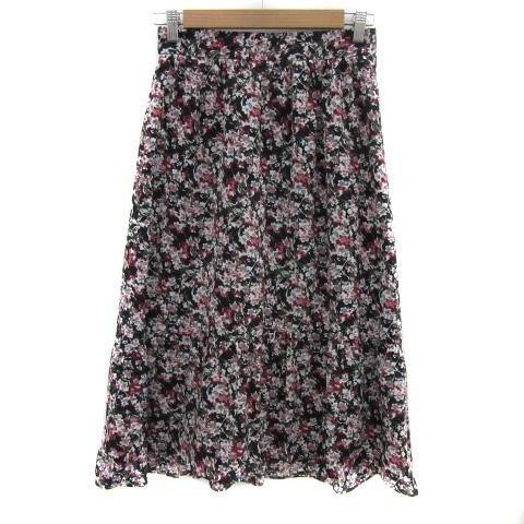 【新品】フレアスカート 黒とピンクの花柄 ロング丈 UNTITLED（アンタイトル） フレアスカート ロング丈 花柄 マルチカラー