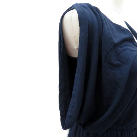 スリードッツ three dots ワンピース ミモレ丈 半袖 Vネック T3 紺 