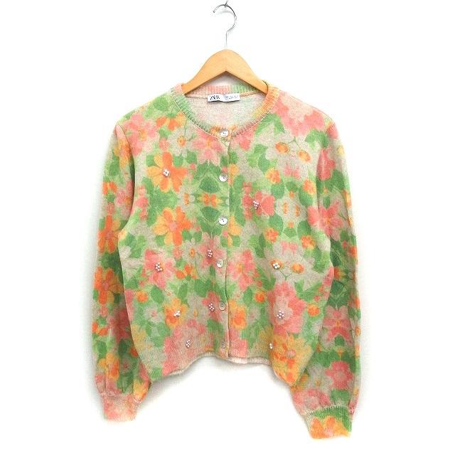 ZARA ザラ 花柄 ニット カーディガン パールビーズ装飾 L ベージュ