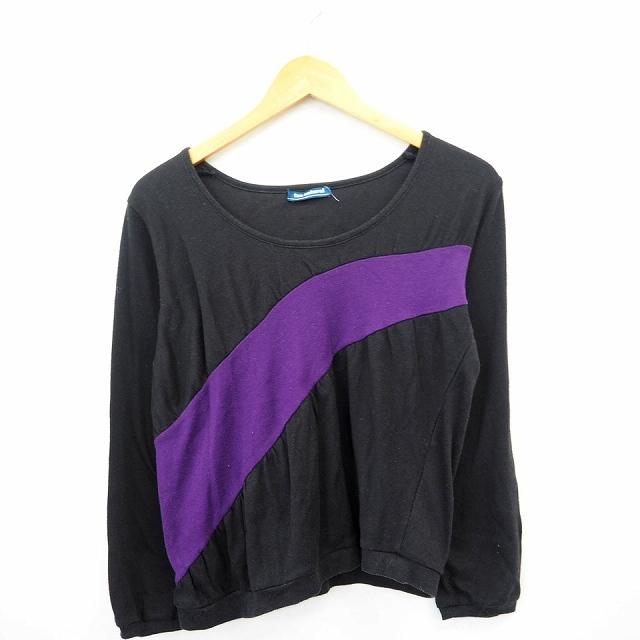 tea natural Tシャツ カットソー 配色 丸首 長袖 M ブラック パープル 