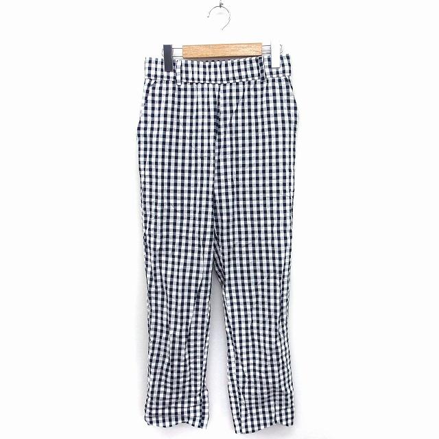 中古 ザラ ベーシック Zara Basic ギンガムチェック パンツ フルレングス コットン 綿 Xs ホワイト 白 ネイビー 紺 Ft9 レディース 海外限定
