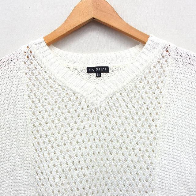 インディヴィ INDIVI かぎ針編み ニット セーター 半袖 切替リブ V  