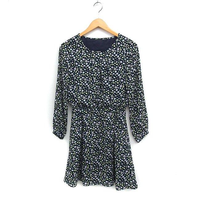 ルネ♡美品♡ネイビー小花柄ノースリーブひざ丈バルーン裾ワンピース インデックス INDEX 花柄 フレア ワンピース 長袖 ひざ丈 S ネイビー