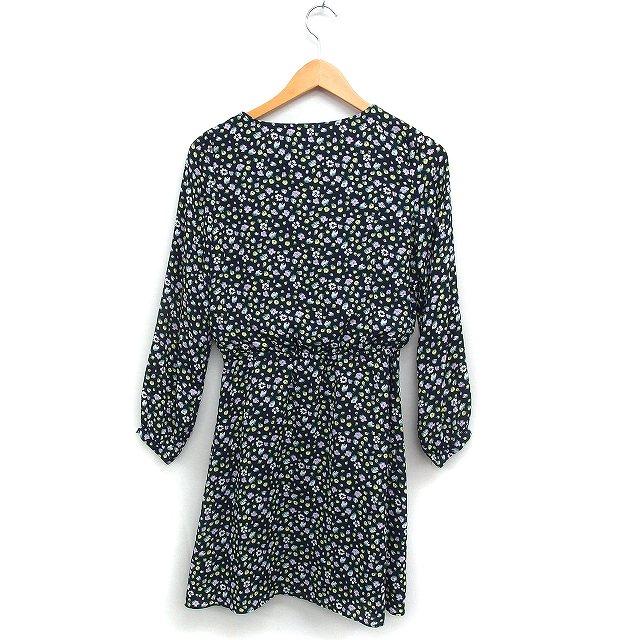 インデックス INDEX 花柄 フレア ワンピース 長袖 ひざ丈 S ネイビー