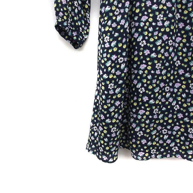 インデックス INDEX 花柄 フレア ワンピース 長袖 ひざ丈 S ネイビー