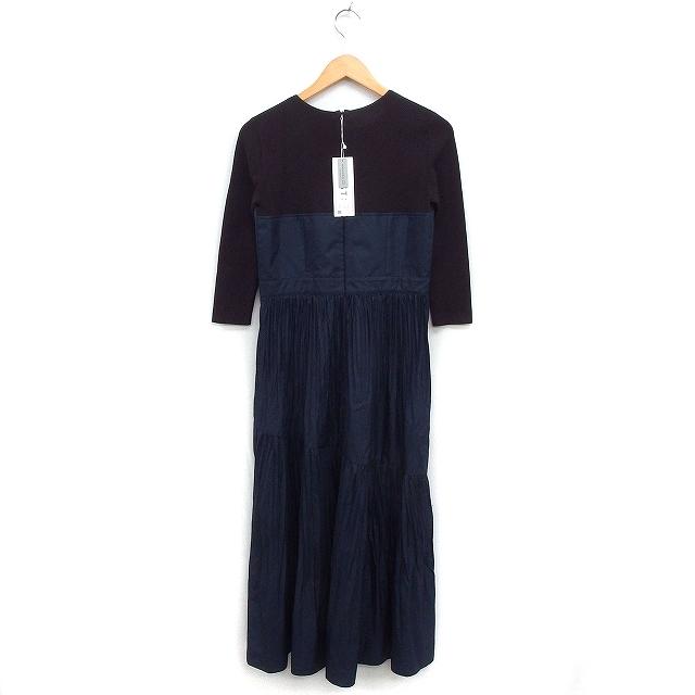 【中古】未使用品 キャストコロン CAST： タグ付き 素材切替 ワンピース 7分袖 ロング丈 プリーツ M ブラウン ネイビー 未使用品 キャストコロン CAST： タグ付き 素材切替 ワンピース 7分袖