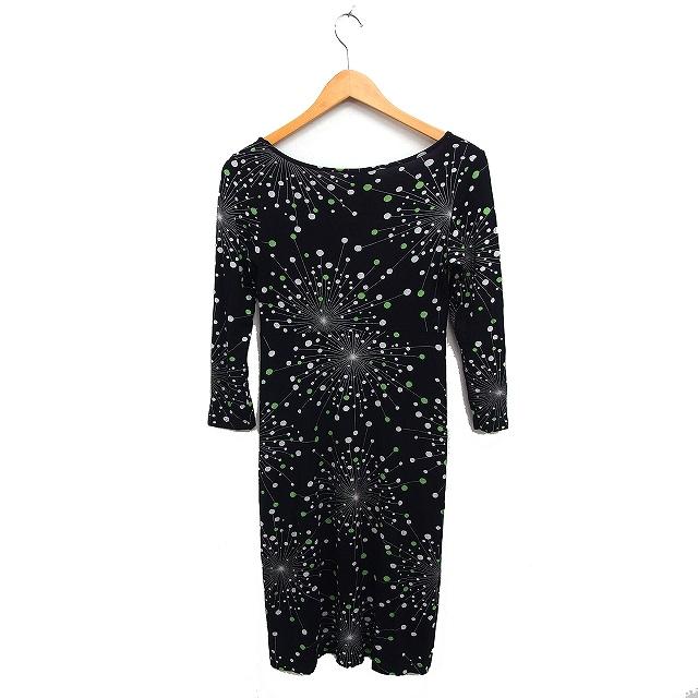 agnes b. アニエスベー ワンピース ドット 水玉　ブラック 38 agnes b.（アニエスベー） 柄 ワンピース 7分袖 ひざ丈 Vネック タイト