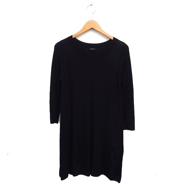 タバサ TABASA ニット ワンピース 長袖 ひざ丈 丸首 無地 34 ブラック 