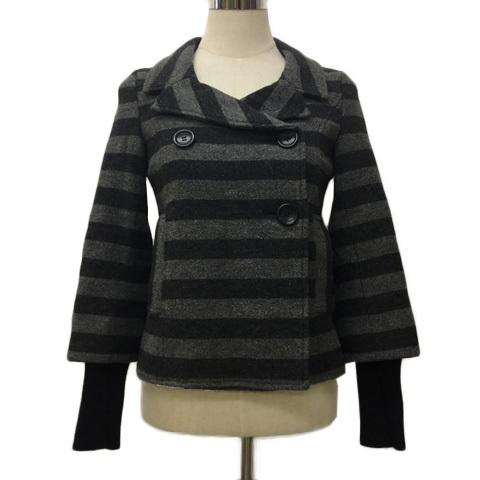 中古 インタープラネット コート Pコート ピーコート ジャケット ショート ボーダー ウール 長袖 2 黒 グレー ブラック レディース Sale 74 Off