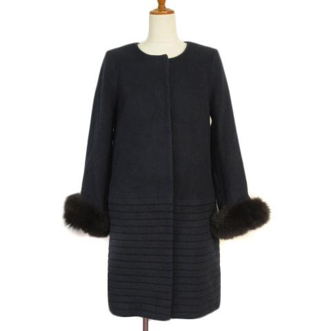 美品【NOLLEY’S Sophi】アンゴラ ノーカラーロングコート ファー38 ノーリーズソフィー NOLLEYS sophi アンゴラボーダー袖ファーコート 36