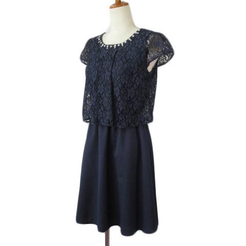 美品　ホビーラホビーレ　綿100%半袖ワンピース　レース柄　ネイビー 美品 ホビーラホビーレ 綿100%半袖ワンピース レース柄 ネイビー