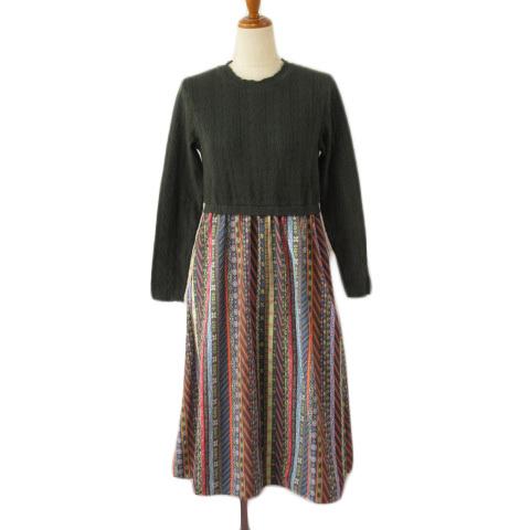 中古 スカラー Scolar ワンピース ドッキング ニット 花柄 ストライプ M 緑 グリーン レディース クリスマスファッション