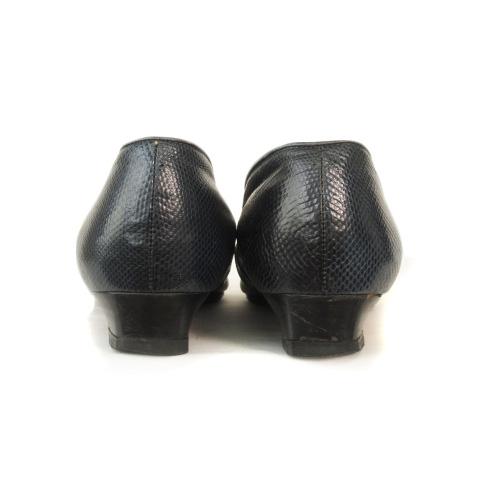 ヒロフ HIROFU パンプス ローヒール 型押し レザー 24 紺 ネイビー 