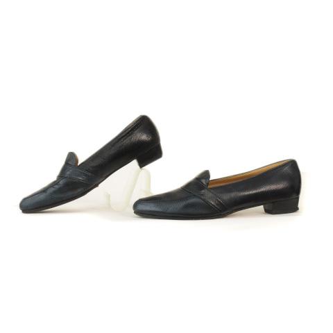 ヒロフ HIROFU パンプス ローヒール 型押し レザー 24 紺 ネイビー 