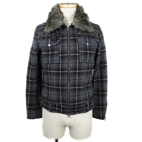 中古 エッジ Edge コート 中綿 ステンカラー ショート丈 長袖 ジップアップ フェイクファー ウール チェック 2 グレー アウター メンズ 最大56 オフ