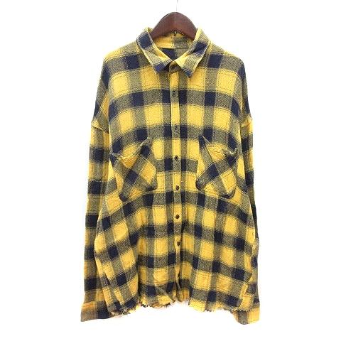 ザラマン ZARA MAN シャツ チェック 長袖 L 黄色 イエロー 紺 ネイビー 