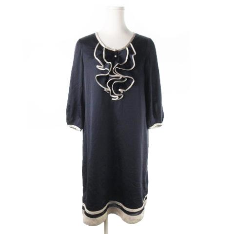 シンプリシテェ Simplicite ワンピース ひざ丈 七分袖 ライン フリル バイカラー 光沢感 紺 ネイビー Ao5 レディース 198 ブランド古着販売のベクトル 通販 Yahoo ショッピング