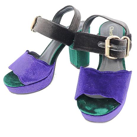 チェスティ Chesty サンダル オープントゥ チャンキーヒール ベロア  