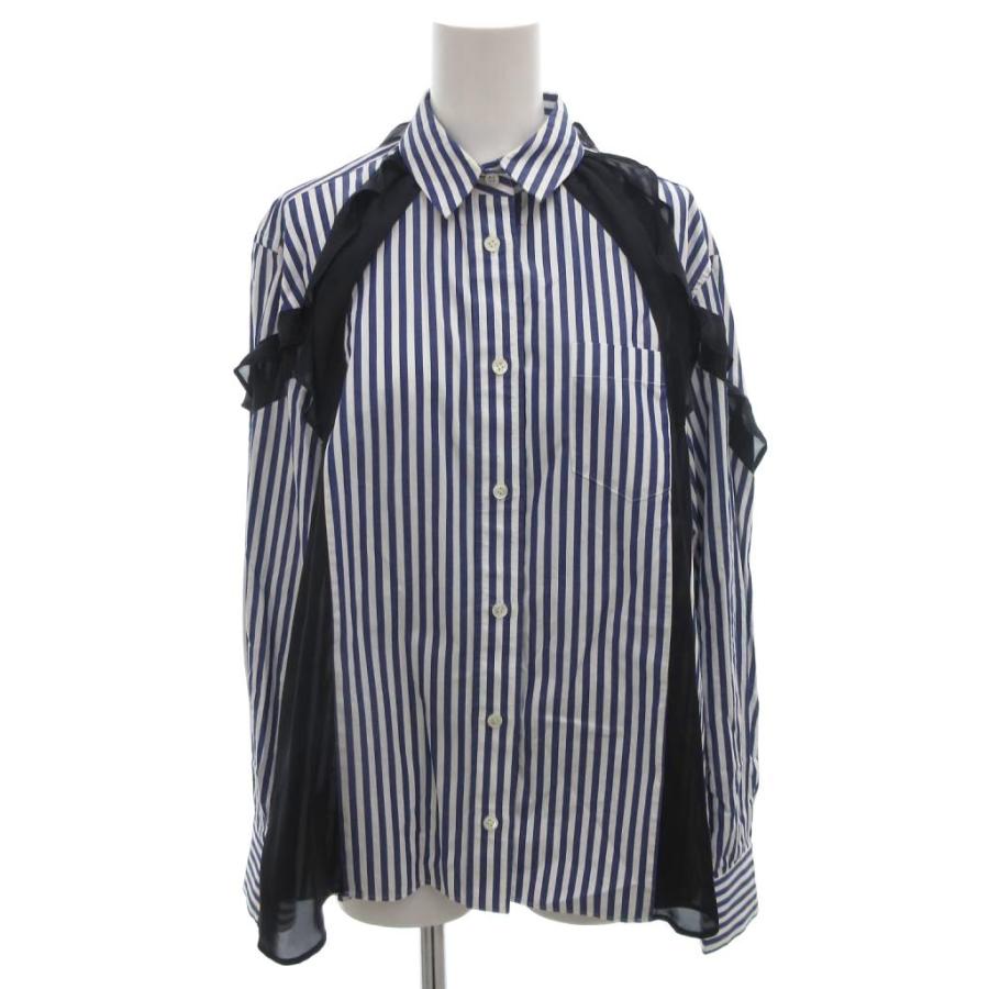 【中古】サカイ sacai フリルシャツ シアー切替 ストライプ 長袖 2 白 ホワイト 青 ブルー /FF ■GY62 メンズ サカイ sacai フリルシャツ シアー切替 ストライプ 長袖 2 白 ホワイト