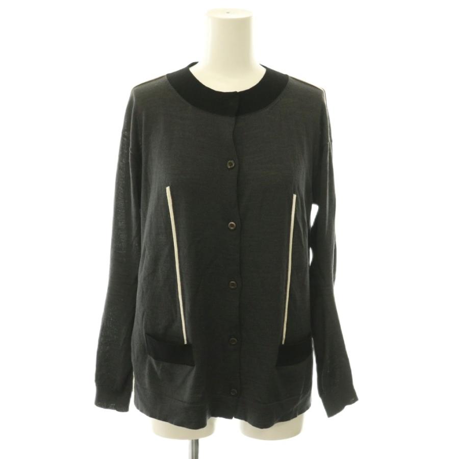 プラダ PRADA ニットカーディガン クルーネック ウール シルク混 ライン 長袖 38 チャコールグレー HS ■GY62 レディース