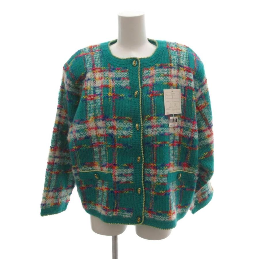 未使用品 タグ付き COKETT カーディガン ウール F エメラルドグリーン チェック柄 肩パッド ラウンドネック 長袖 45-235 ...