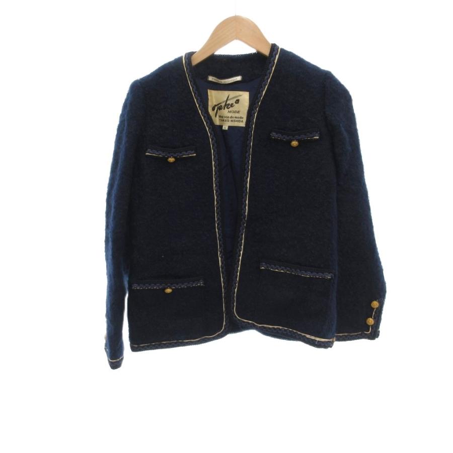 美品 TAKEO NISHIDA ノーカラージャケット 11 紺 ネイビー 長袖 縁取りデザイン /HW GY59 レディース : ブランド ...