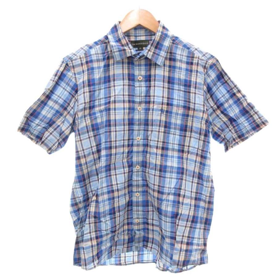 ザ スコッチ ハウス The Scotch House 美品 シャツ M 青 ブルー チェック柄 半袖 レギュラーカラー /NL GY59 ...