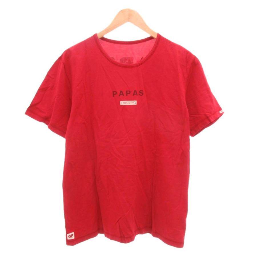 パパス Papas Tシャツ M 赤 レッド ラウンドネック 半袖 ロゴプリント 