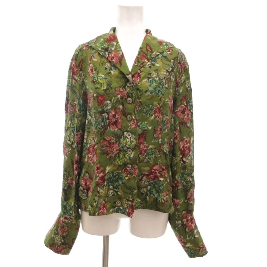 ニナリッチ NINA RICCI カジュアルシャツ 長袖 花柄 Vネック 絹 44 緑 
