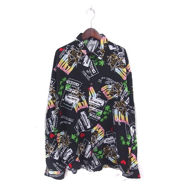 カローシェ Caroche シャツ カジュアル コラージュ総柄 ステンカラー 薄手 長袖 XL 黒 ブラック /TT メンズ : ブランド古着 ...