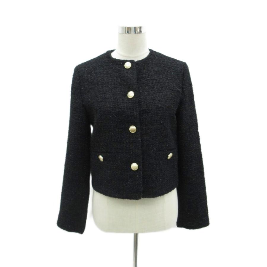 ZARA（ザラ） ノーカラーツイードジャケット XS 黒 ブラック ラウンド 