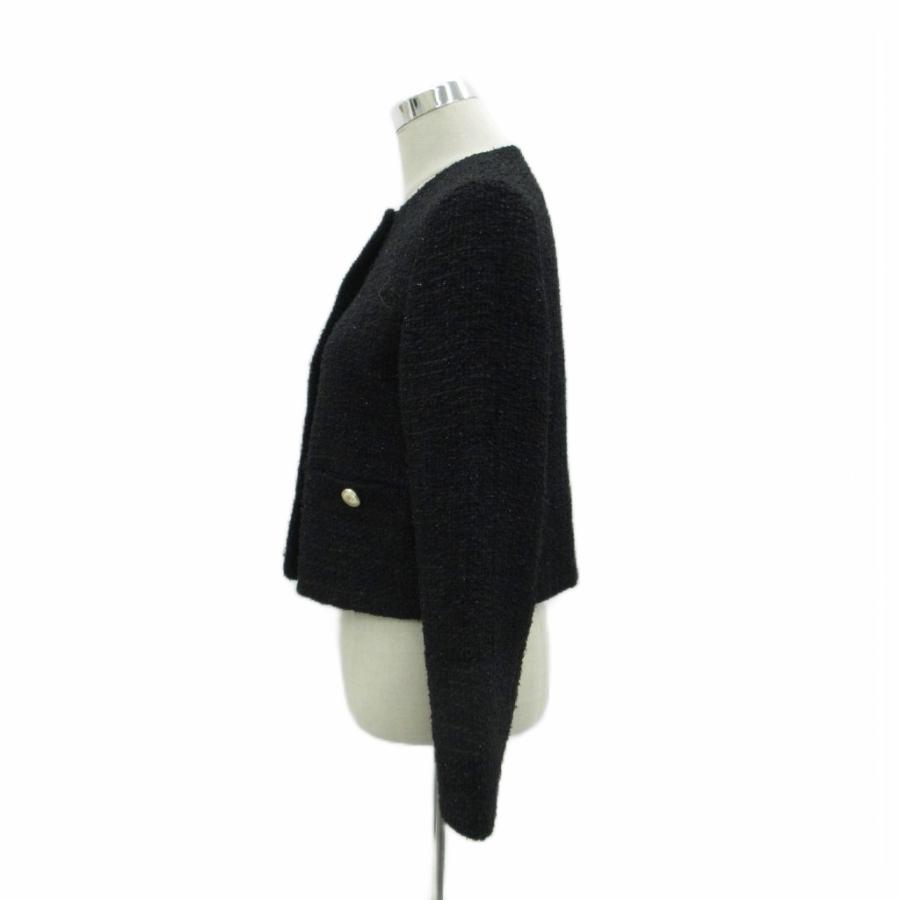 ZARA（ザラ） ノーカラーツイードジャケット XS 黒 ブラック ラウンド 