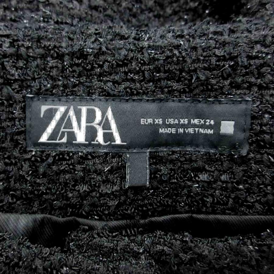 ZARA（ザラ） ノーカラーツイードジャケット XS 黒 ブラック ラウンド