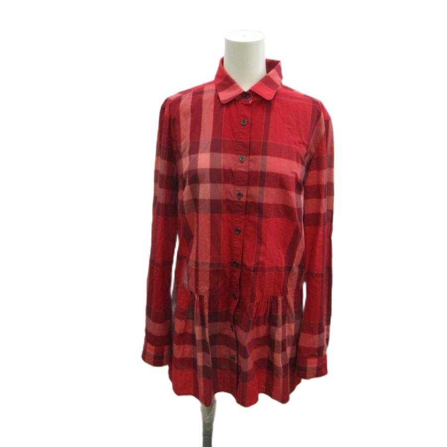 人気 バーバリーロンドン チェック柄 長袖シャツ ブラウス トップス ベルト付 バーバリー ロンドン BURBERRY LONDON シャツ ブラウス 40 赤 レッド