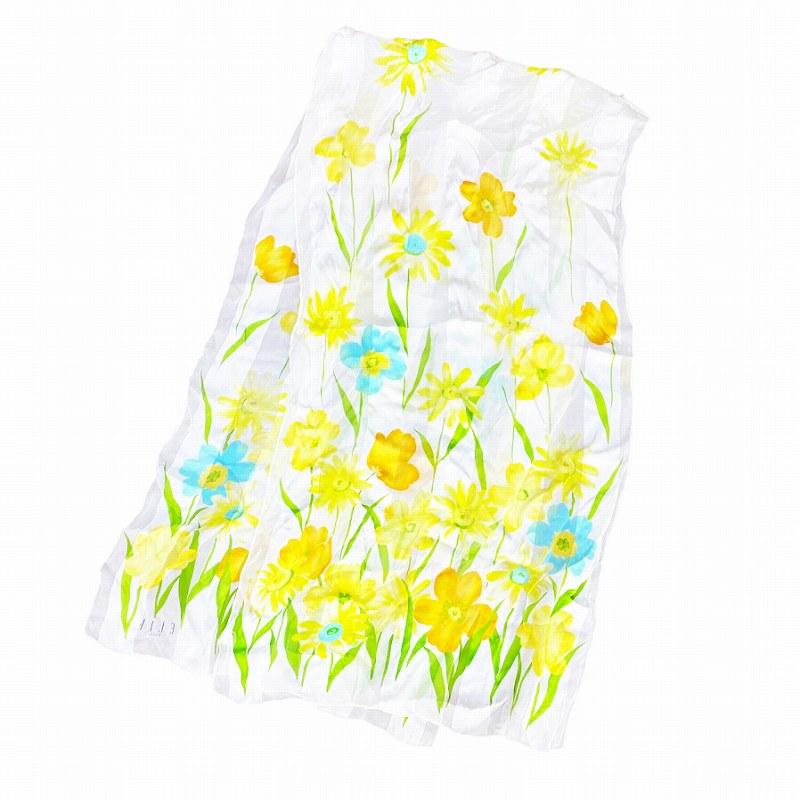 エル ELLE 長方形 ロング スカーフ ストール シルク 花柄 黄 オレンジ 