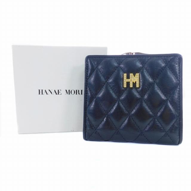 ハナエモリ HANAE MORI 二つ折り財布 がま口 ロゴ キルティング レザー