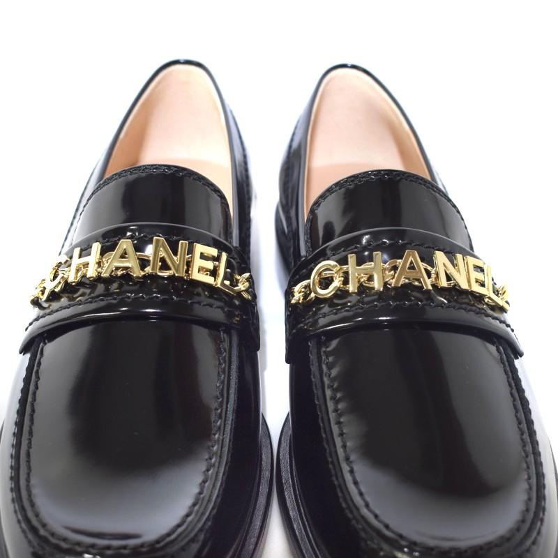 未使用品 シャネル CHANEL ロゴ ココマーク チェーン エナメル ローファー 37C 24cm ブラック 黒 G3743 レディース