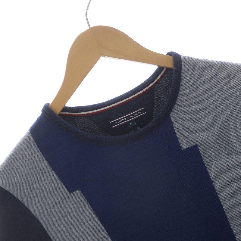 トミーヒルフィガー TOMMY HILFIGER Tシャツ カットソー クルーネック プルオーバー 柄 S 紺 ネイビー 水色 ライトブルー 青 /SI38｜vectorpremium｜03