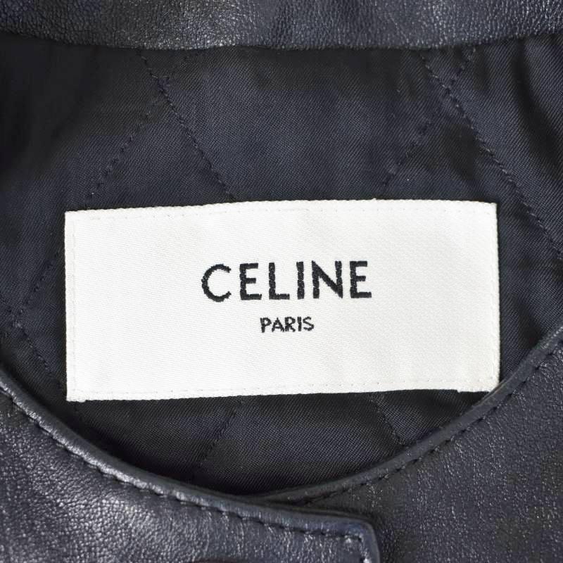 CELINE セリーヌ エディ期 ラムレザー ロゴボタン ノーカラー レザー 