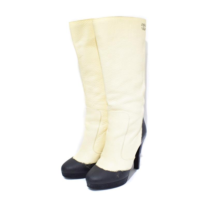 シャネル CHANEL ロングブーツ ハイヒール ココマーク バイカラー 35 