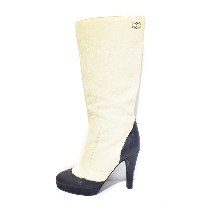 CHANELニーハイバイカラーブーツベージュ黒