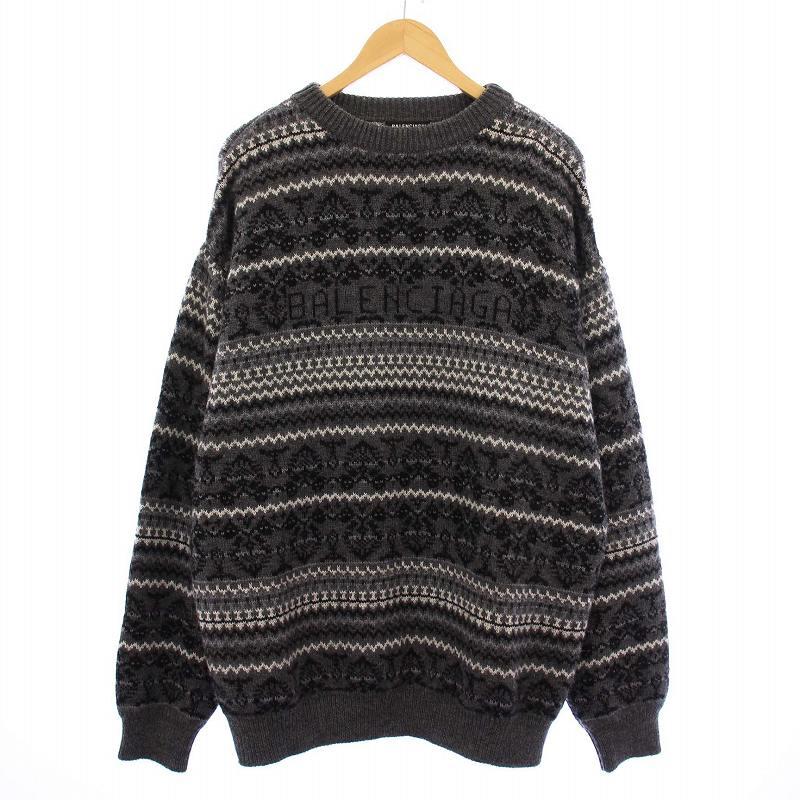 BALENCIAGA バレンシアガ ニット サイズ:S 21AW ロゴ ジャガード フェアアイル ニット セーター (Fairisle Crewneck) / UNIFIT グレー系 トップス 【メンズ】【中古】【K4256】 BALENCIAGA（バレンシアガ） BALENCIAGA 21AW Fairisle Crewneck