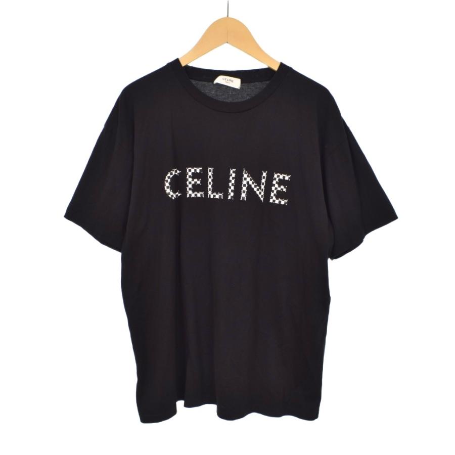 【中古】セリーヌ CELINE 21AW チェッカースタッズロゴ Tシャツ 半袖 XS 黒 ブラック 2X800501F メンズ CELINE（セリーヌ） CELINE 21AW チェッカースタッズロゴ Tシャツ 半袖