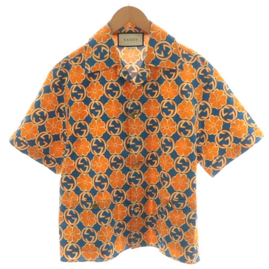 GUCCI グッチ 半袖シャツ クリスナイト 花柄 シャツ コットン 総柄 GUCCI（グッチ） アロハシャツ 半袖 総柄 花柄 コットン 46 オレンジ